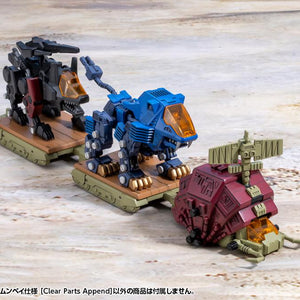 High angle front view of Zoids D-Style Gustav pulling two loaded mech transport trailers across a flat surface