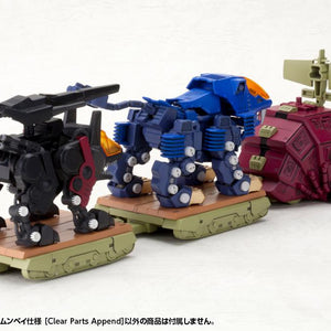 Rear quarter view of D-Style Gustav towing transport trailers loaded with Shield Liger and Command Wolf models
