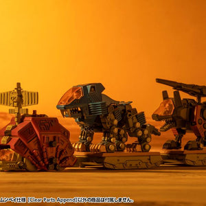 Wasteland diorama scene showing D-Style Gustav pulling loaded Zoids trailers under warm orange sunset lighting