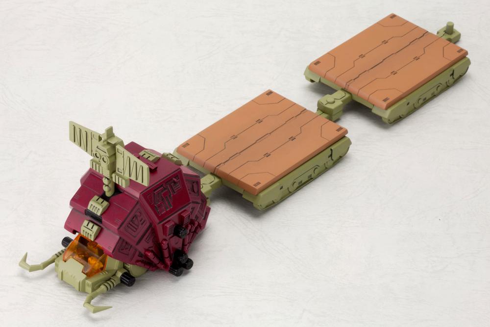 High angle front view of the D-Style Gustav vehicle with two attached empty rear flatbed carriers