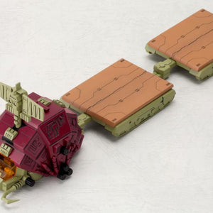 High angle front view of the D-Style Gustav vehicle with two attached empty rear flatbed carriers