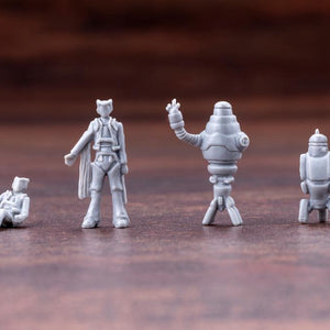 Included unpainted mini figures of Harry Champ pilot, standing Harry Champ, and assistant robots Benjamin and Sebastian.