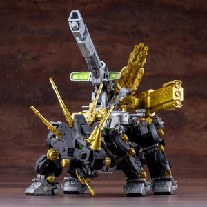 Kotobukiya Zoids Dark Horn Harry Special 2001 Re/color 1/72 scale model kit front view armed with custom golden gatling cannon and beam launcher.