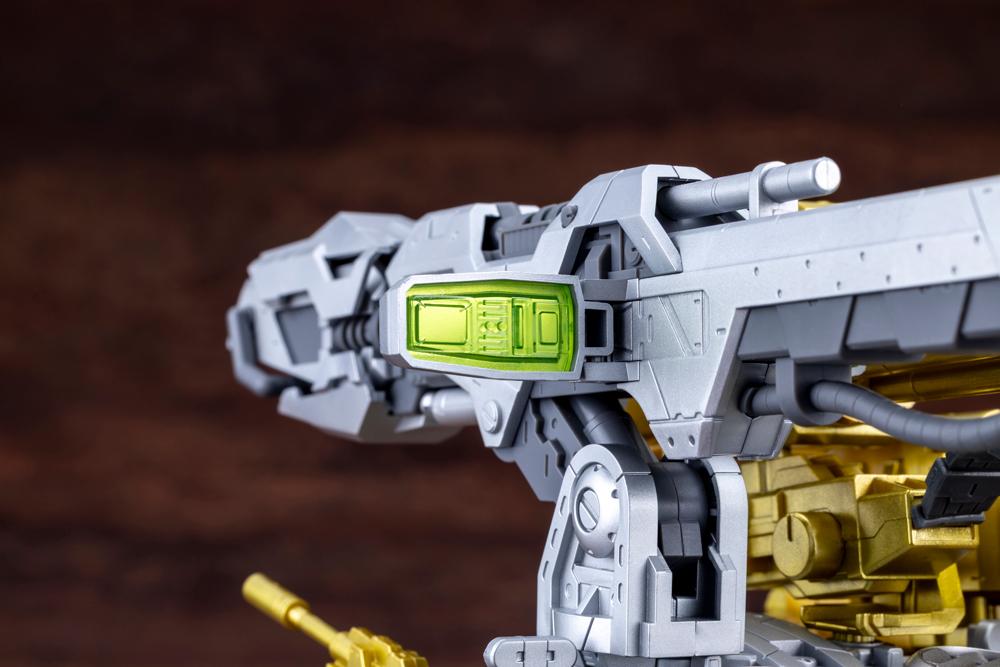 Close-up of the clear green targeting sensor part on the custom beam launcher of the Dark Horn Harry Special.