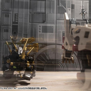 Dark Horn Harry Special model kit positioned aiming its heavy weaponry down an enclosed futuristic facility corridor.