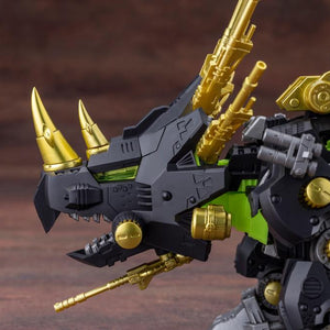 Close-up of Dark Horn Harry Special head sculpt showing golden dual horns, chin gun, and clear green cockpit canopy.