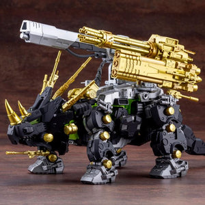 Side profile of Kotobukiya HMM Zoids Dark Horn Harry Special 2001 Re/color showing golden weapons and black heavy armor.
