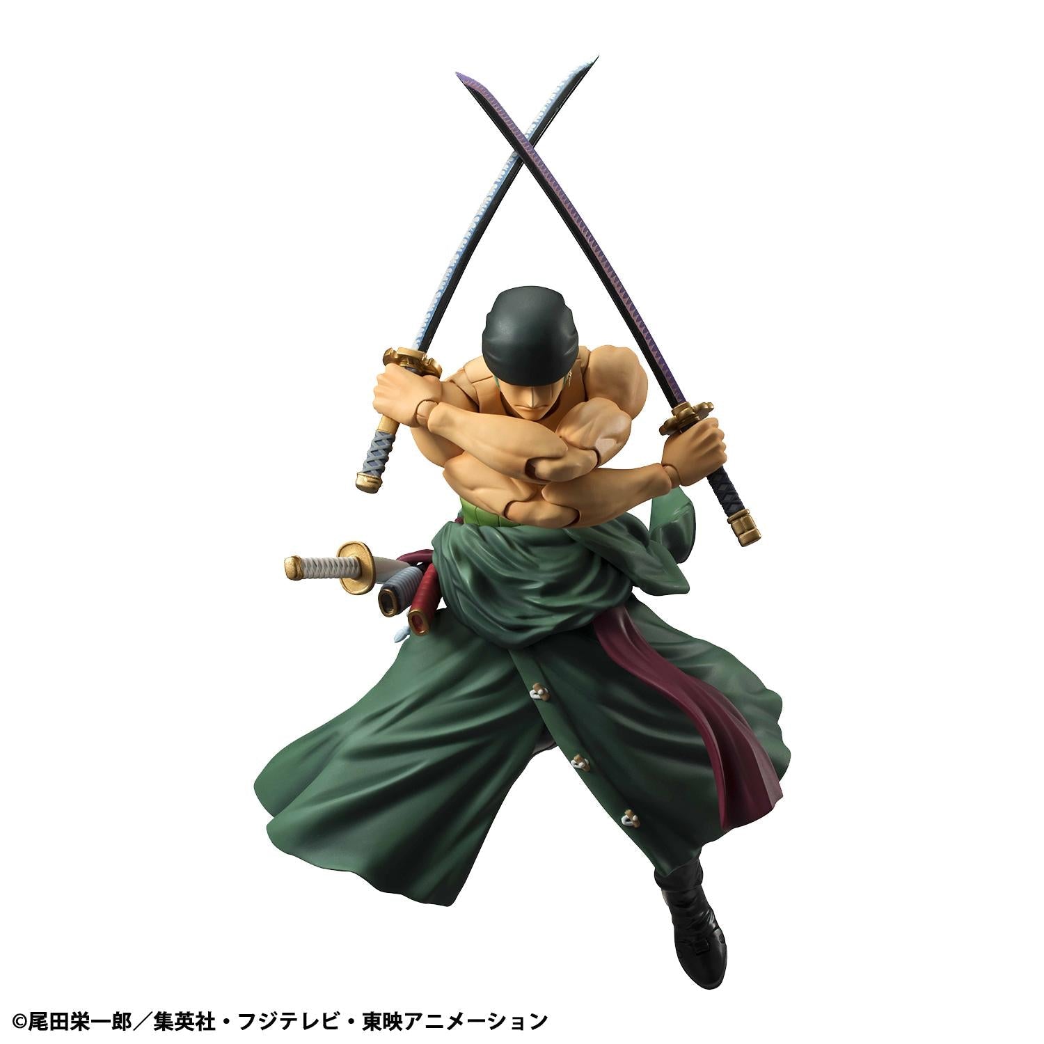 Close-up of the Zoro figure executing a three-sword technique using the alternate mouth-holding face piece.