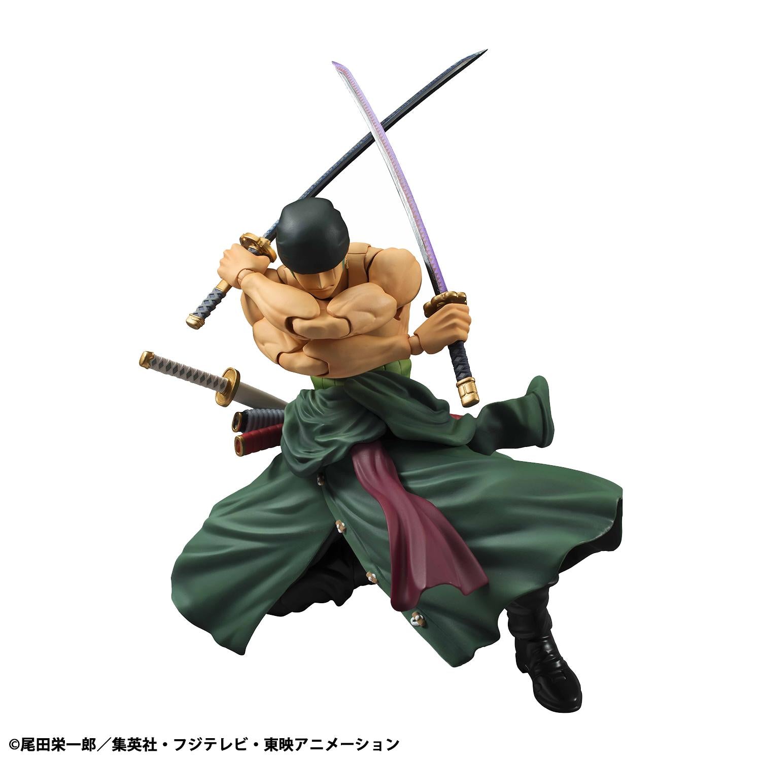Action shot of Zoro in a crouched Santoryu (Three Sword Style) pose with katanas crossed, demonstrating high poseability.