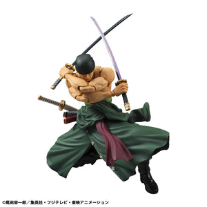 Action shot of Zoro in a crouched Santoryu (Three Sword Style) pose with katanas crossed, demonstrating high poseability.