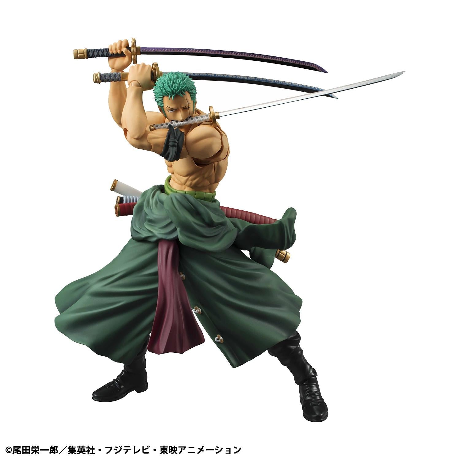 Roronoa Zoro action figure with a sword held in his mouth, showcasing the specialized face piece and arm articulation.