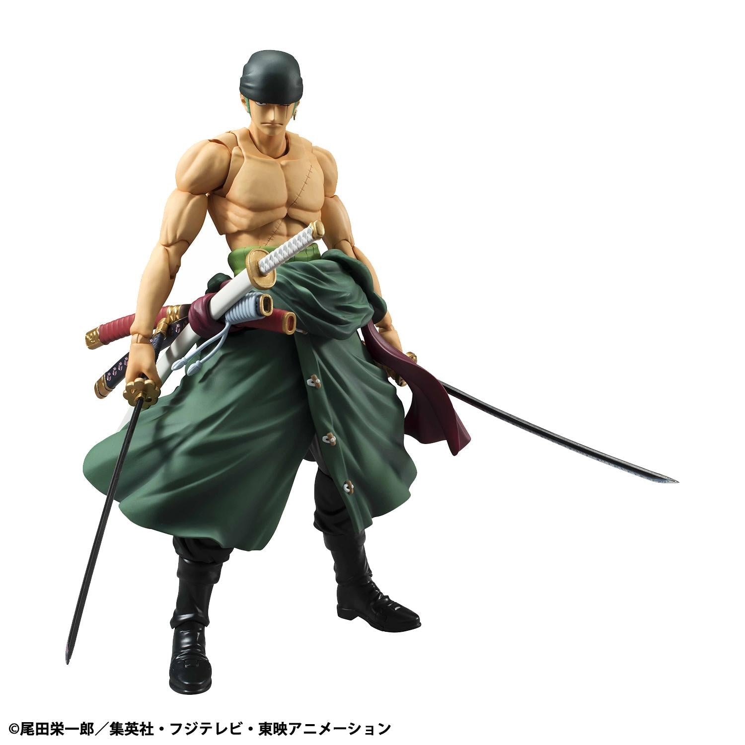 Roronoa Zoro figure wearing a black bandana and holding two katanas, displaying the detailed PVC sculpting.