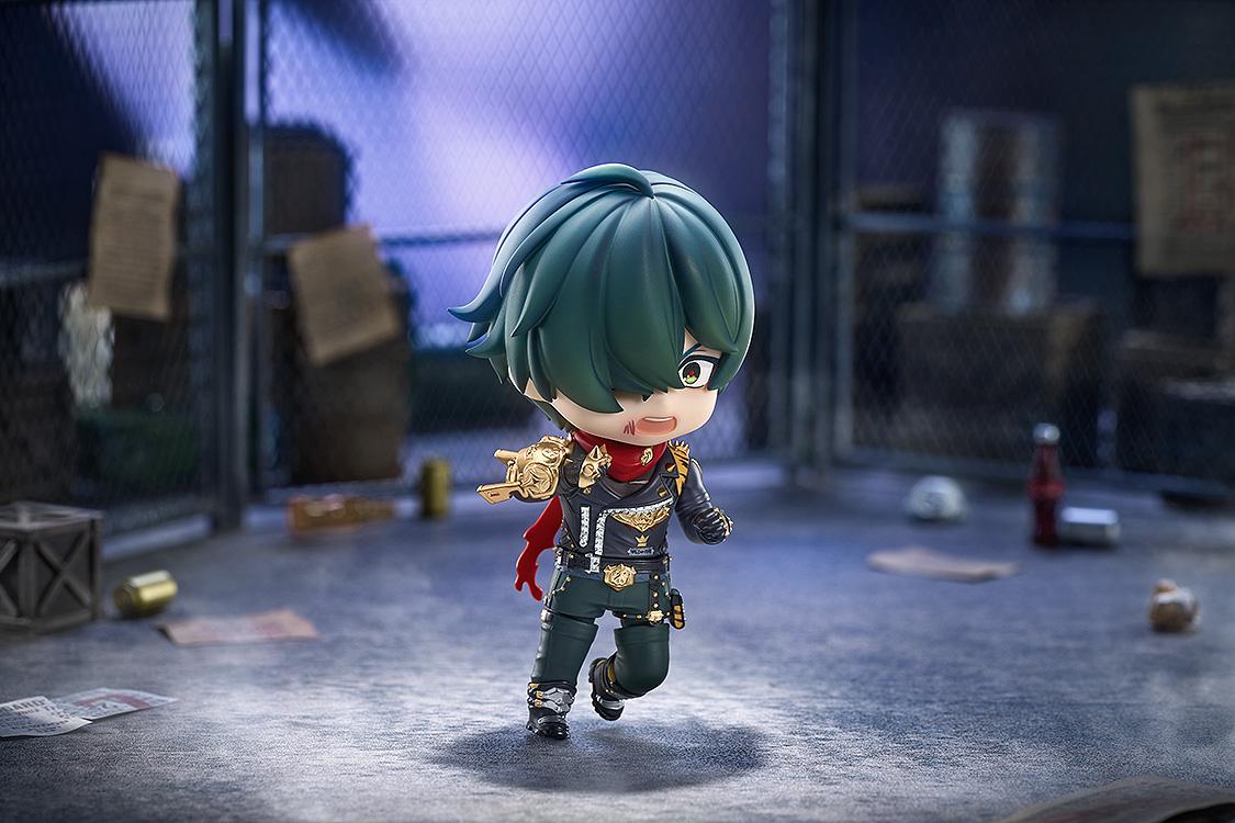 Dynamic cinematic diorama photo of Zenless Zone Zero Lighter Nendoroid with a scratched battle face running forward with the golden K.O. glove equipped.