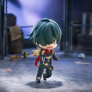 Dynamic cinematic diorama photo of Zenless Zone Zero Lighter Nendoroid with a scratched battle face running forward with the golden K.O. glove equipped.